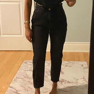Black high waisted straight leg jeans, cropped at ankle, petite sizing